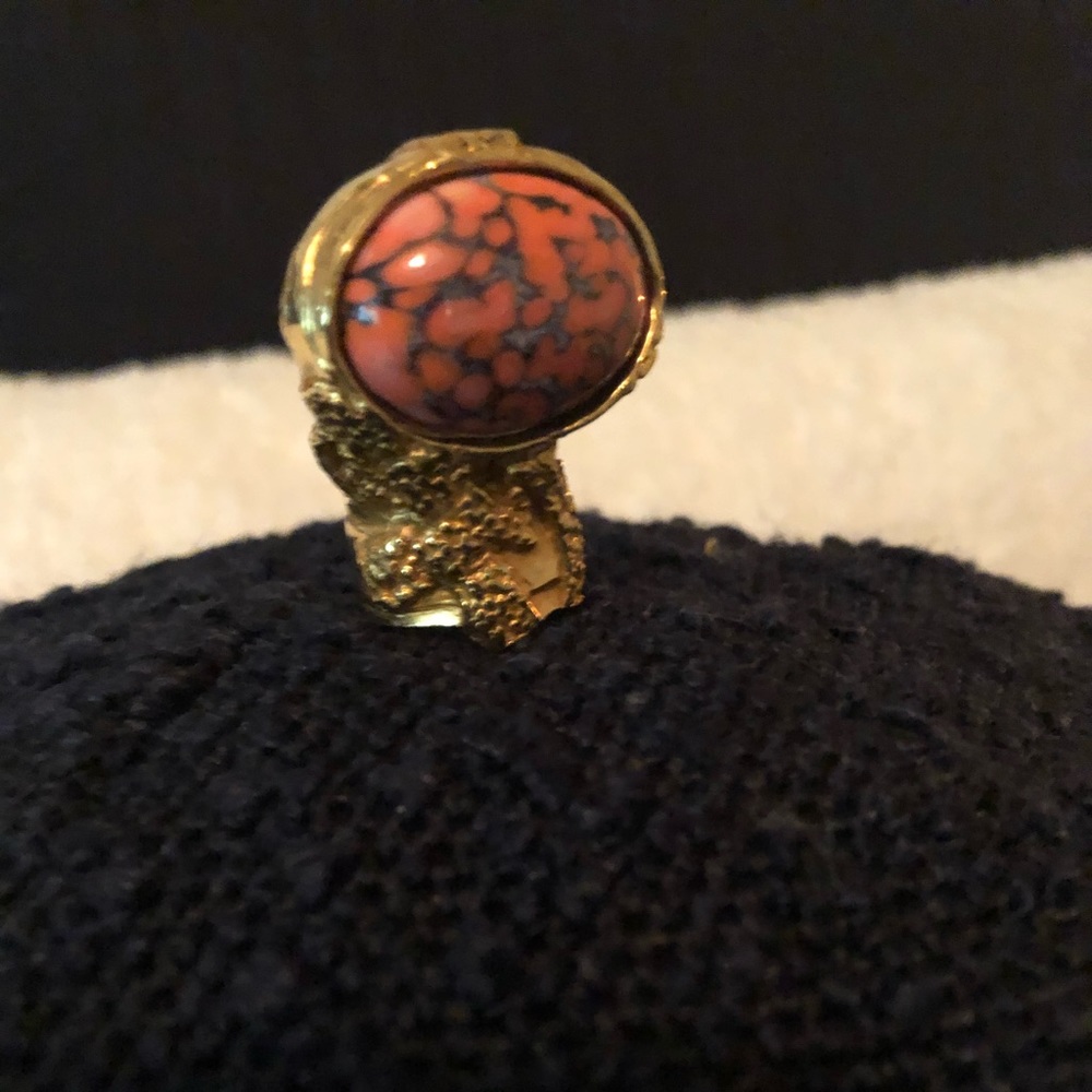 YSL Authentic Arty Ring Size 5 Coral Cabochon Brushed Gold